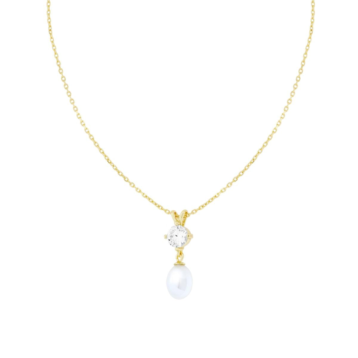 Collana Catena Forzatina Diamantata con Punto Luce Cubic Zirconia Bianco e Perla pendente in ARGENTO 925 Galvanica Oro