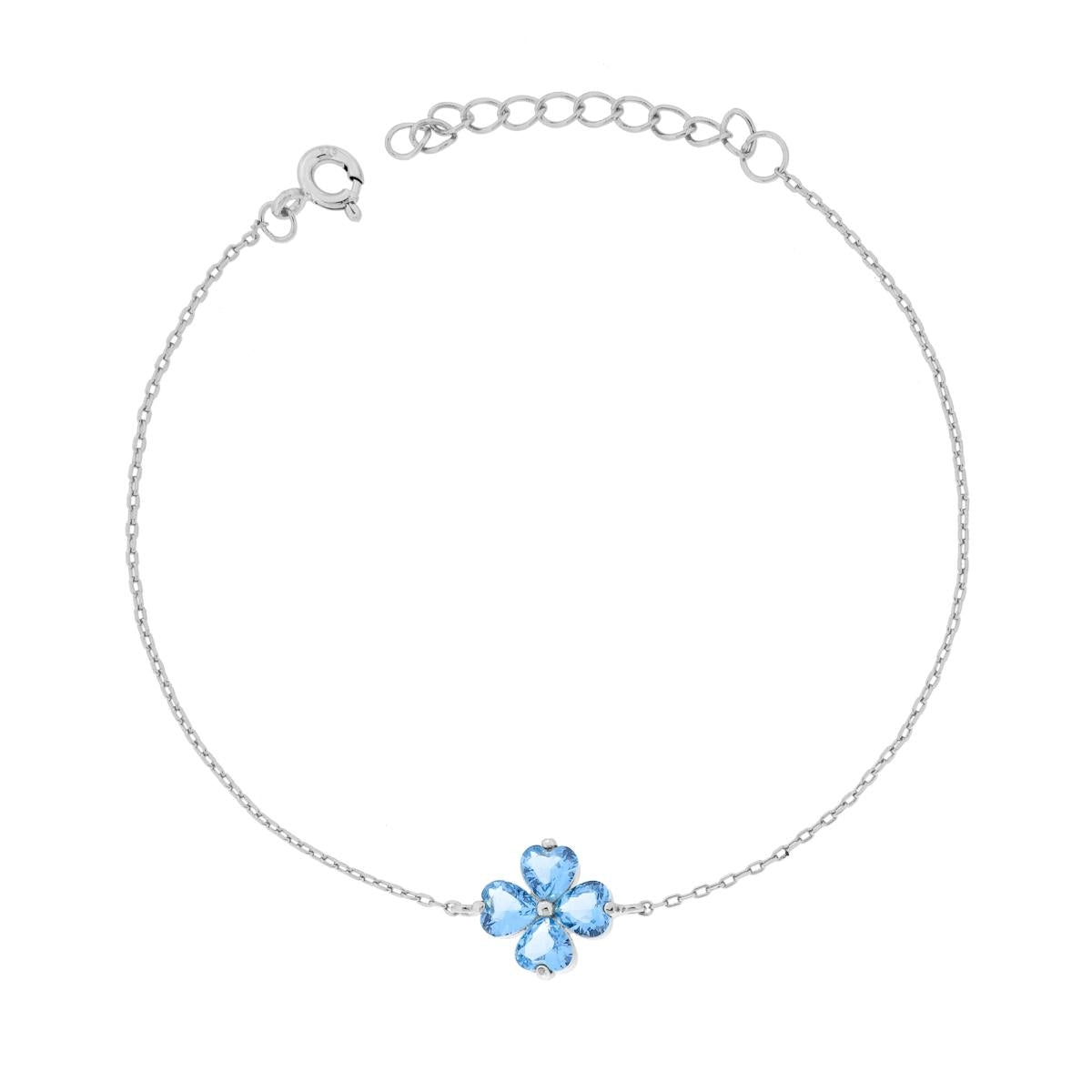 Bracciale Catena Forzatina Diamantata con Quadrifoglio Cubic Zirconia Acquamarina in ARGENTO 925 Galvanica Rodio