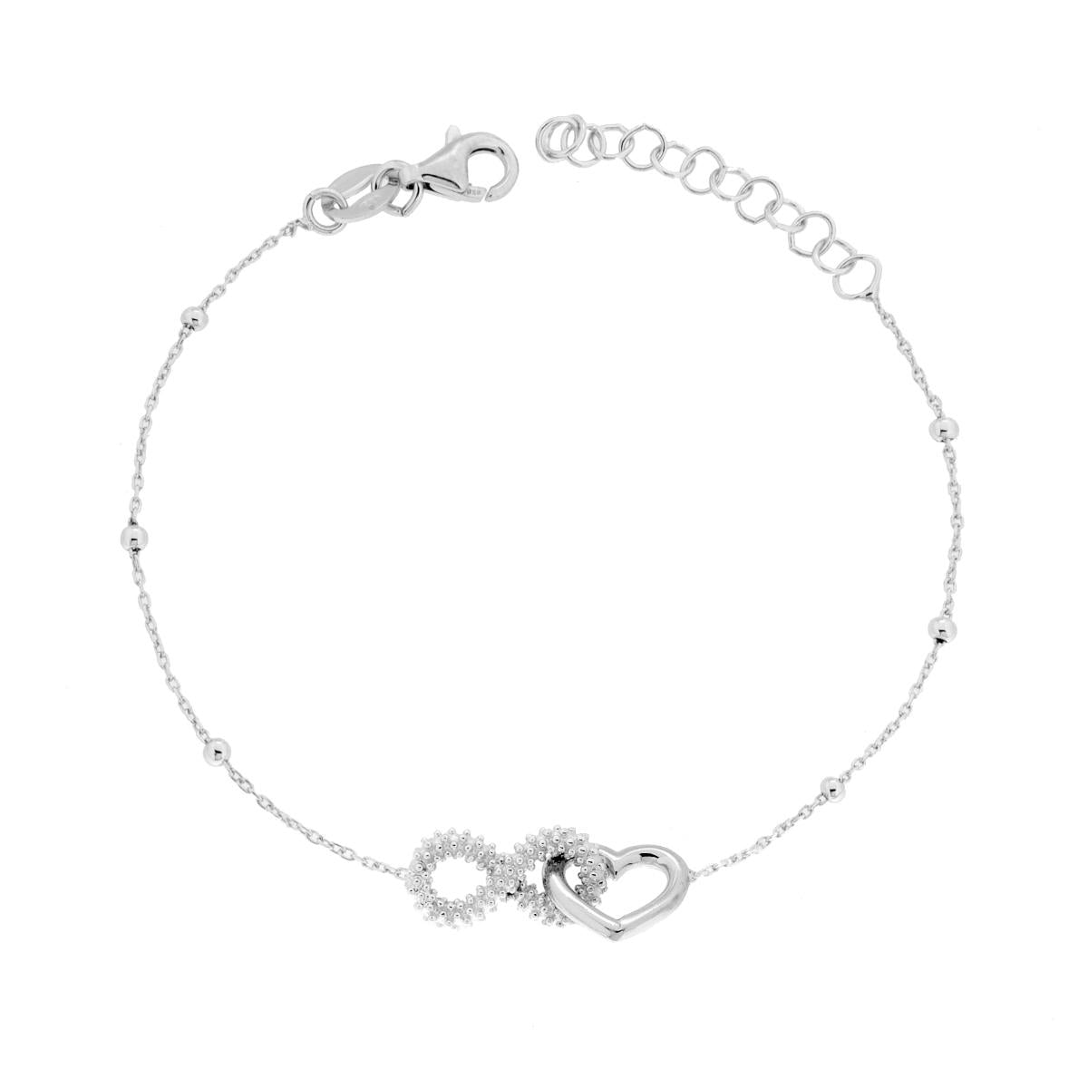 Bracciale Catena Forzatina Diamantata con Cuore e Infinito Incrociati in ARGENTO 925 Galvanica Rodio