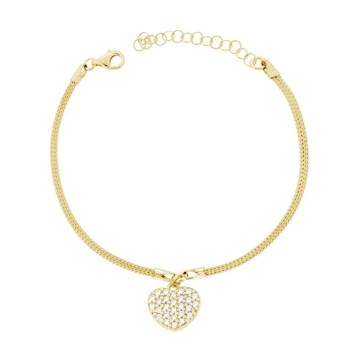 Bracciale Catena Calza con Cuore pendente e Zirconi Bianchi in ARGENTO 925 Galvanica Oro