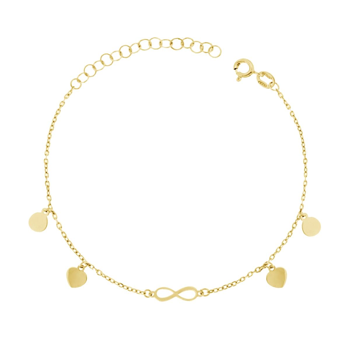 Bracciale Catena Forzatina con Cuori Tondi e Infinito Plain in ARGENTO 925 Galvanica Oro