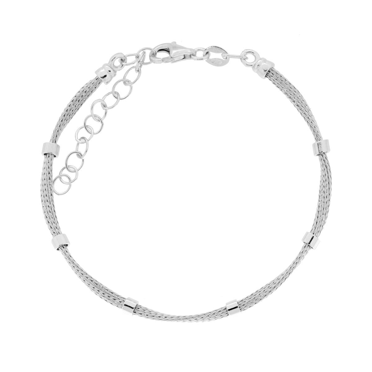 Bracciale Catena Calza Torchon con Cilindretti in ARGENTO 925 Galvanica Rodio<BR>