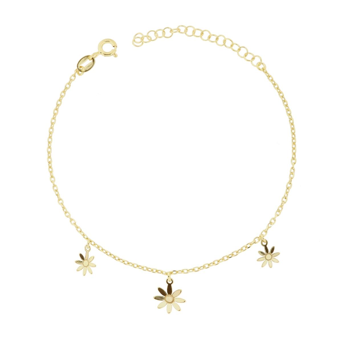 Bracciale Catena Forzatina Diamantata con Fiori pendenti in ARGENTO 925 Galvanica Oro<BR>