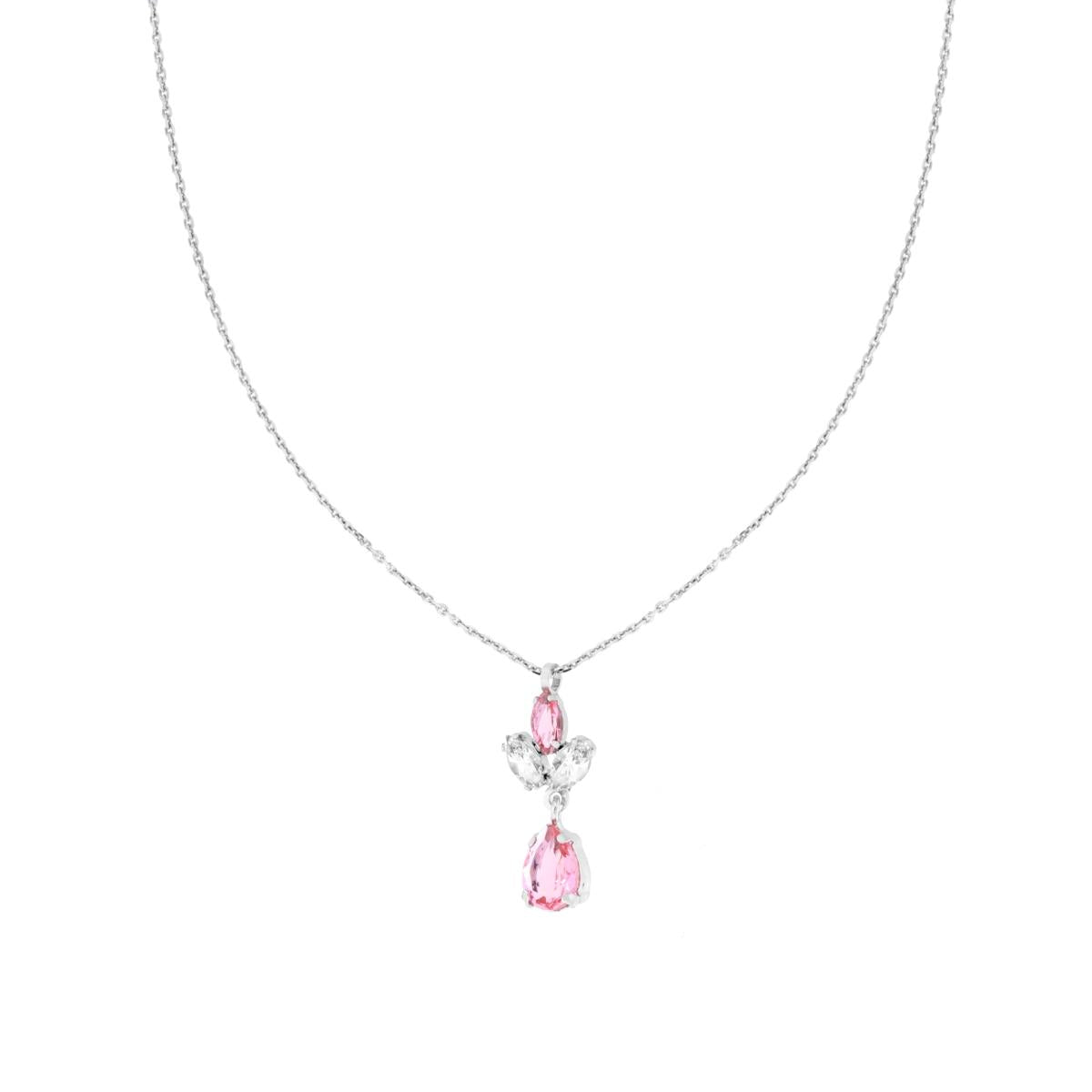 Collana Catena Forzatina Diamantata con Punto Luce pendente Marquise e Goccia Cubic Zirconia Bianco e Rosa in ARGENTO 925 Galvanica Rodio<BR>