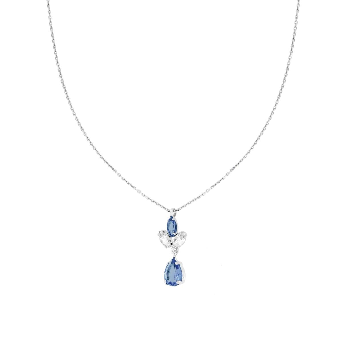 Collana Catena Forzatina Diamantata con Punto Luce pendente Marquise e Goccia Cubic Zirconia Bianco e Blu Zaffiro in ARGENTO 925 Galvanica Rodio<BR>