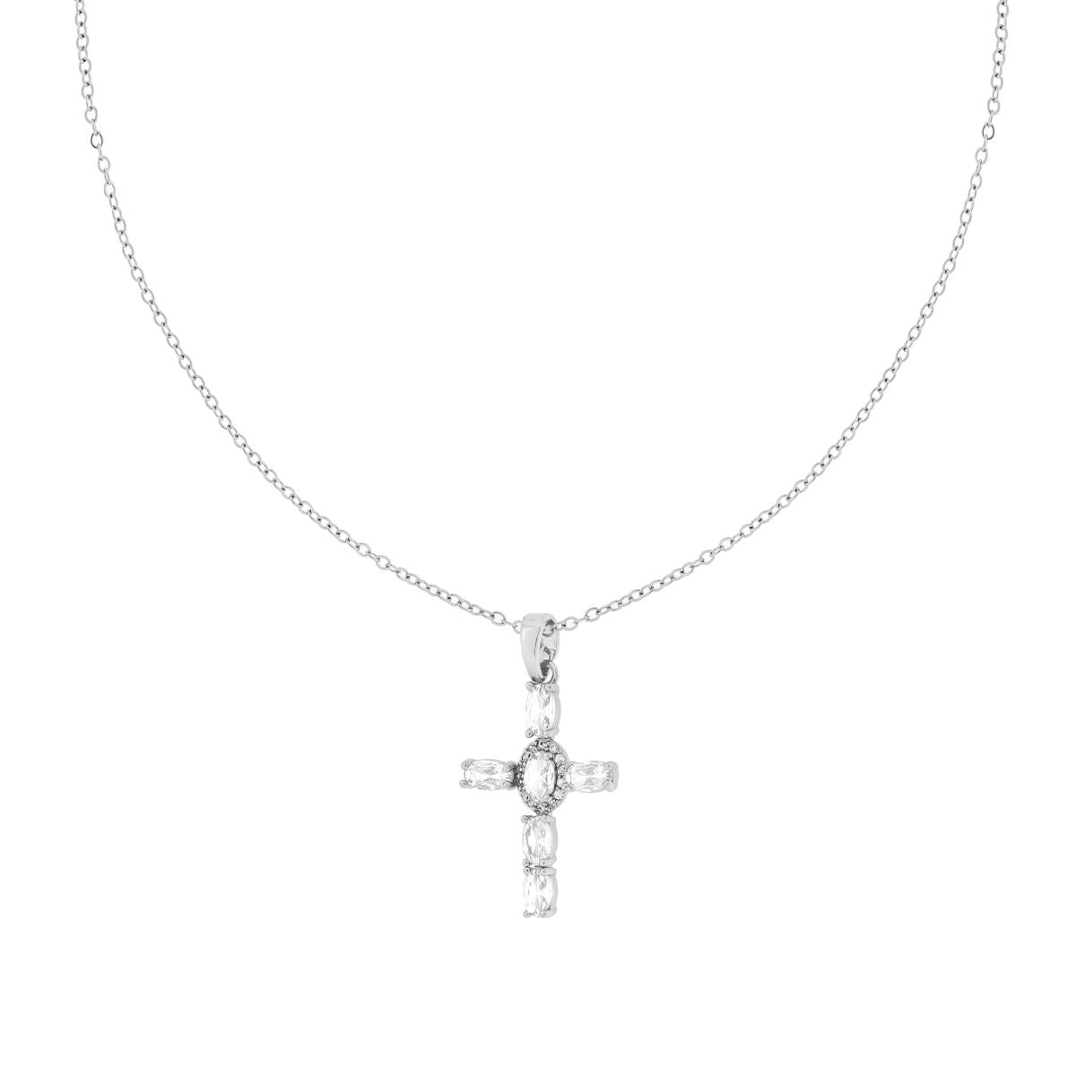 Collana Catena Forzatina Diamantata con Croce e Crystal Bianchi Ovali in ACCIAIO