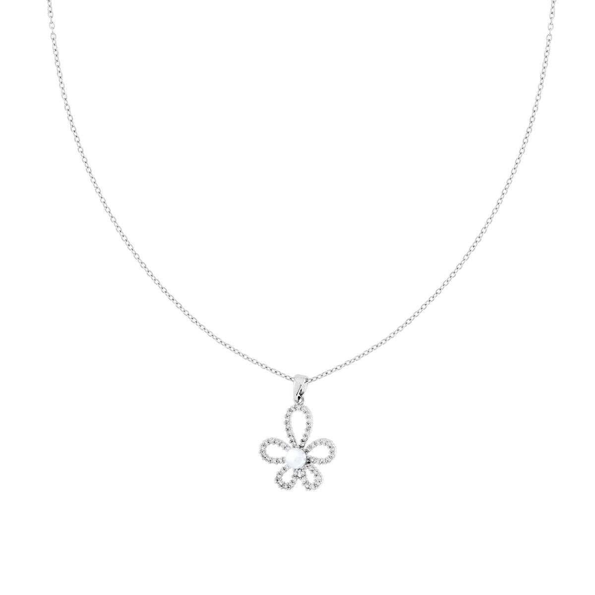 Collana Catena Forzatina Diamantata e Fiore con Crystal Bianchi e Perla Bianca in ACCIAIO<BR>
