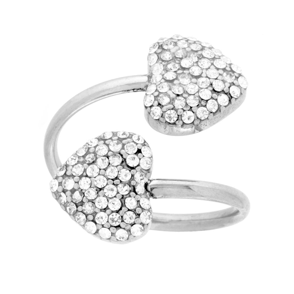 Anello Contrarie con Cuori e Crystal Bianchi in ACCIAIO
