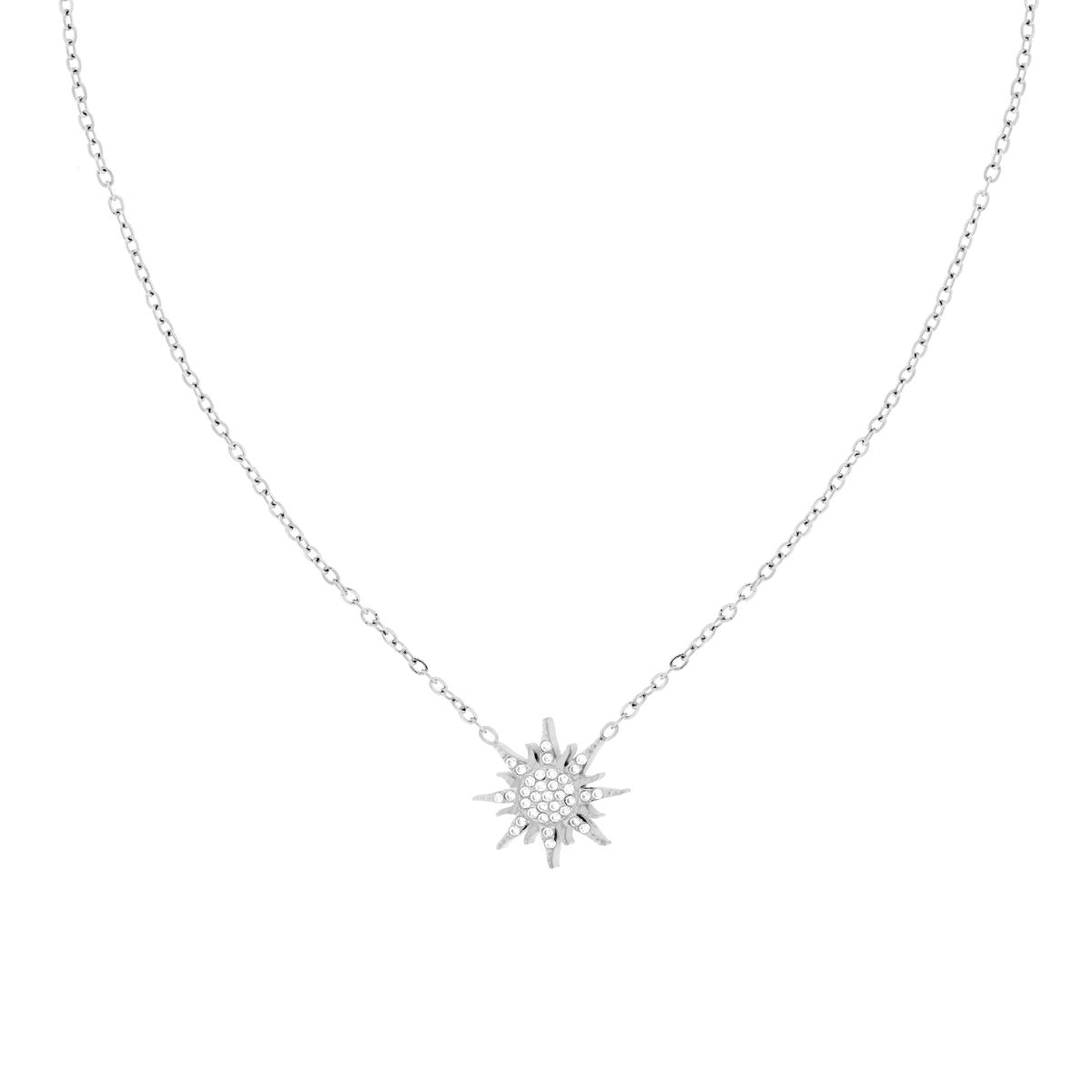 Collana Catena Forzatina Diamantata con Sole e Crystal Bianchi in ACCIAIO