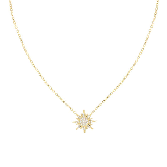 Collana Catena Forzatina Diamantata con Sole e Crystal Bianchi in ACCIAIO colore Oro