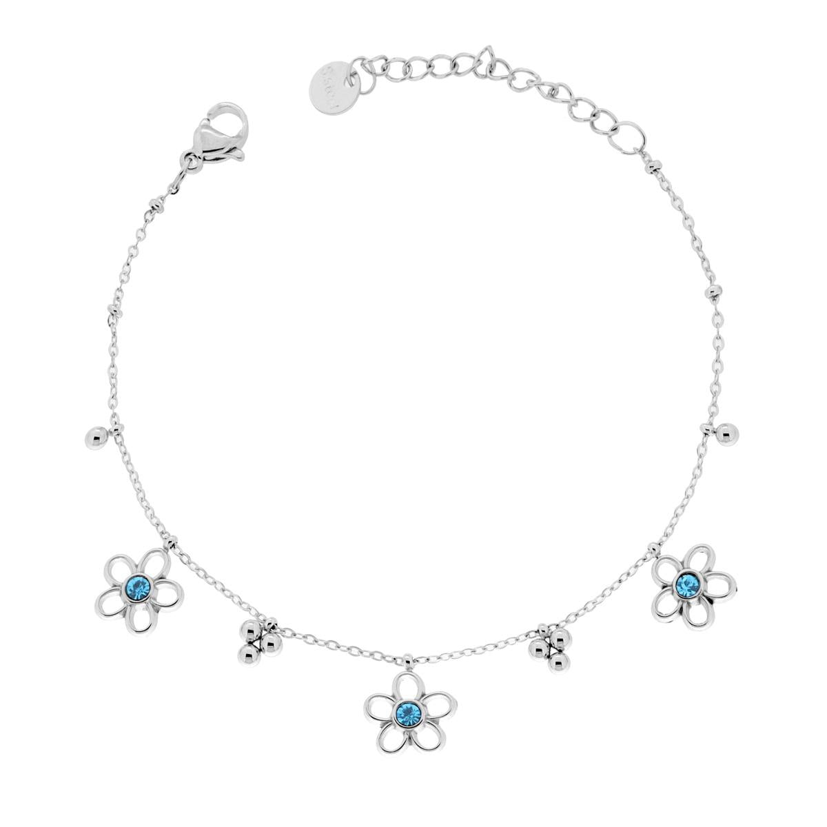 Bracciale Catena Forzatina Diamantata con Fiori e Crystal Azzurro in ACCIAIO<BR>