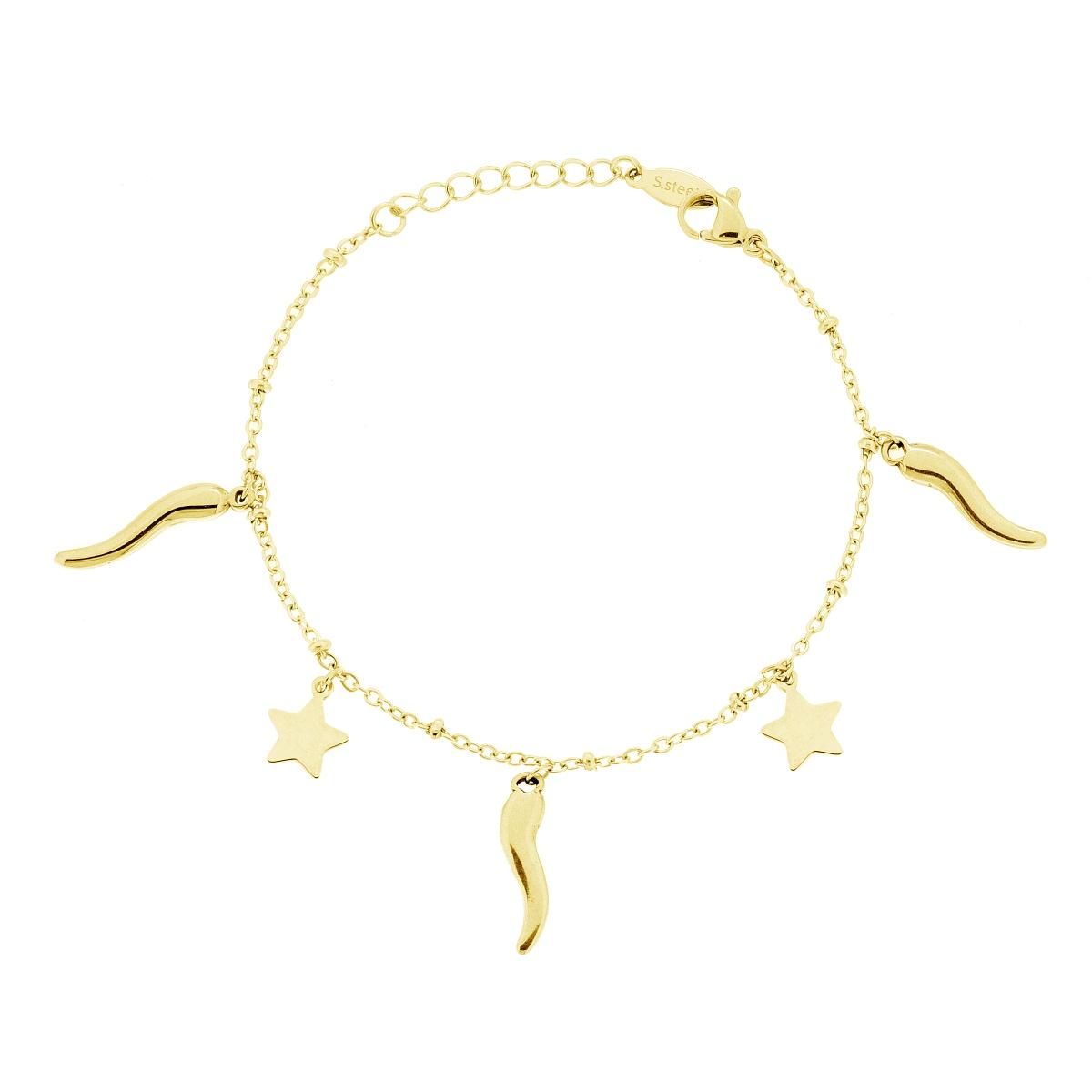 Bracciale Catena Forzatina con Stelle plain e Corni portafortuna in ACCIAIO
