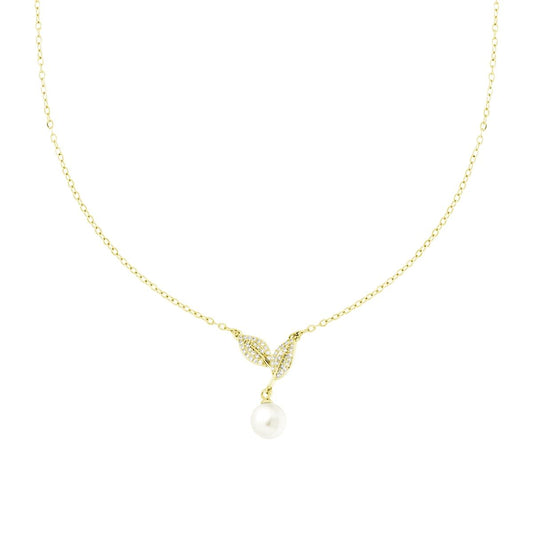 Collana Catena Forzatina con Foglie Crystal Bianchi e Perla in ACCIAIO E OTTONE colore Oro