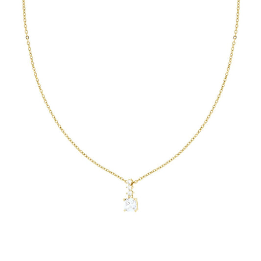 Collana Catena Forzatina Diamantata con Punto Luce Cushion e Trilogy Cubic Zirconia Bianchi in ACCIAIO colore Oro<BR>