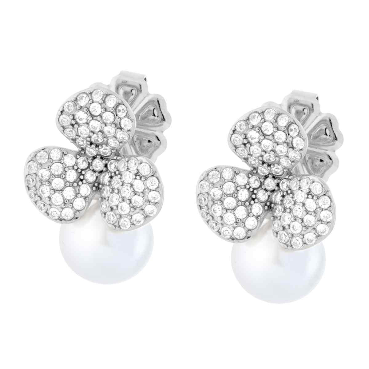 Orecchini Fiore Trifoglio con Perla e Crystal Bianchi in ACCIAIO