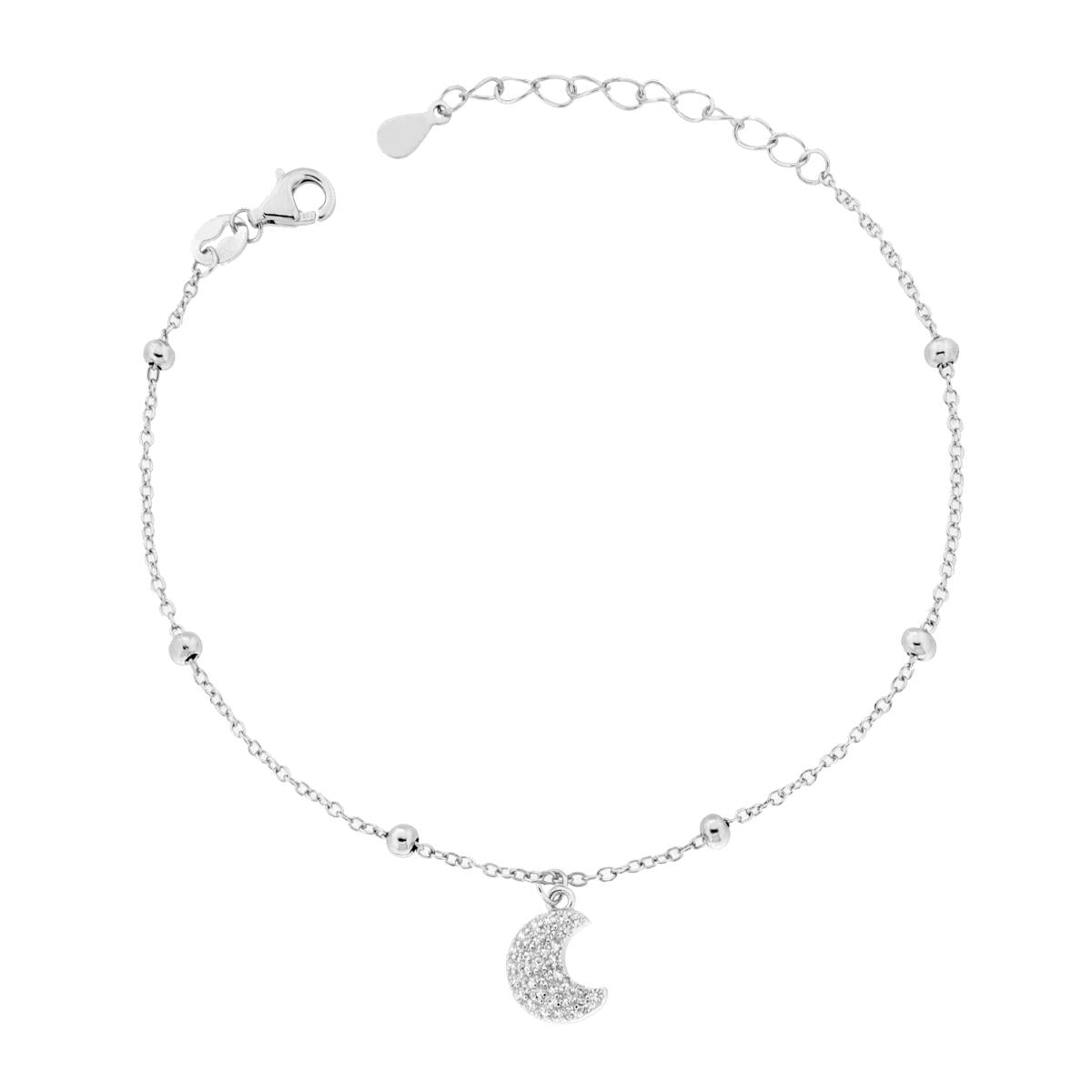 Bracciale Catena Forzatina Diamantata con Luna e Cubic Zirconia Bianchi in ARGENTO 925 Galvanica Rodio<BR>