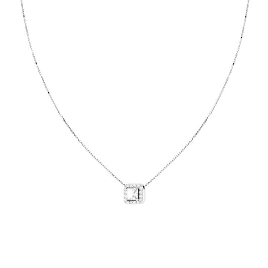 Collana Catena Veneziana Diamantata con Punto Luce Quadrato Carre Bianco contornato da Cubic Zirconia Bianchi in ARGENTO 925 Galvanica Rodio<BR>