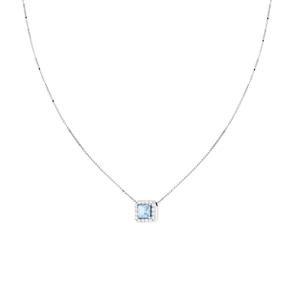 Collana Catena Veneziana Diamantata con Quadrato Carre Acquamarina contornato da Cubic Zirconia Bianchi in ARGENTO 925 Galvanica Rodio<BR>