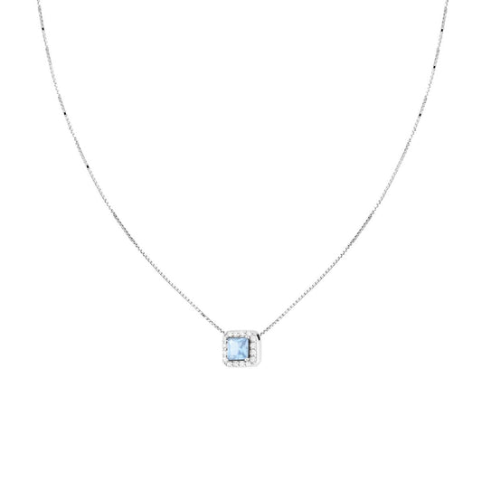 Collana Catena Veneziana Diamantata con Quadrato Carre Acquamarina contornato da Cubic Zirconia Bianchi in ARGENTO 925 Galvanica Rodio<BR>