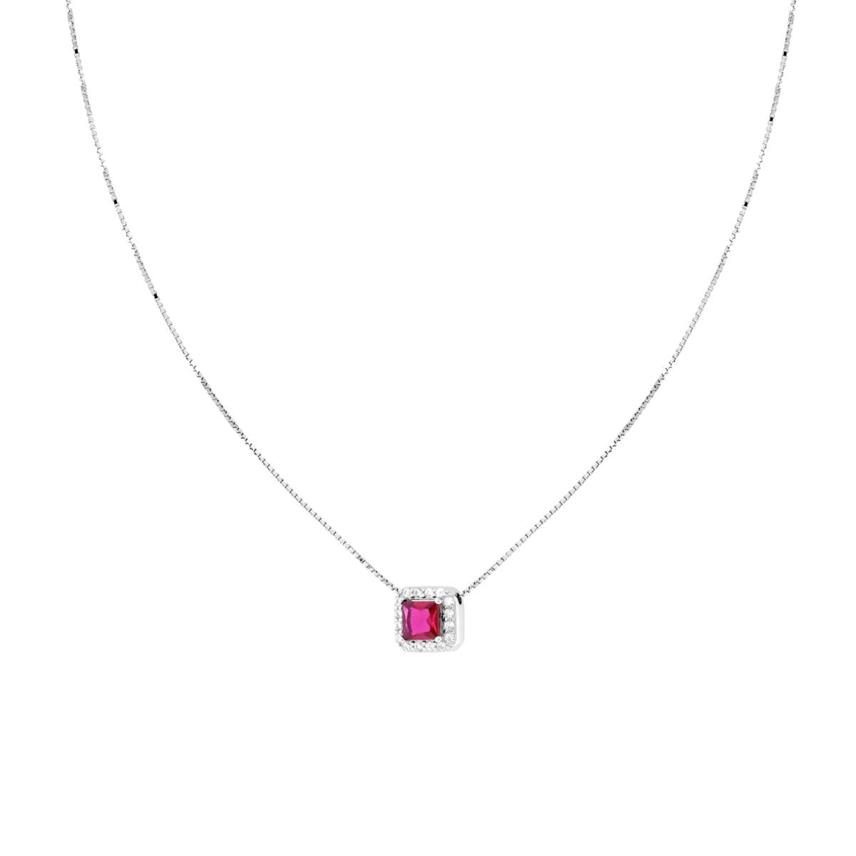 Collana Catena Veneziana Diamantata con Quadrato Carre Rosso Rubino contornato da Cubic Zirconia Bianchi in ARGENTO 925 Galvanica Rodio<BR>