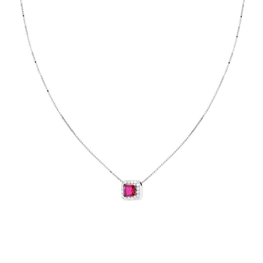 Collana Catena Veneziana Diamantata con Quadrato Carre Rosso Rubino contornato da Cubic Zirconia Bianchi in ARGENTO 925 Galvanica Rodio<BR>