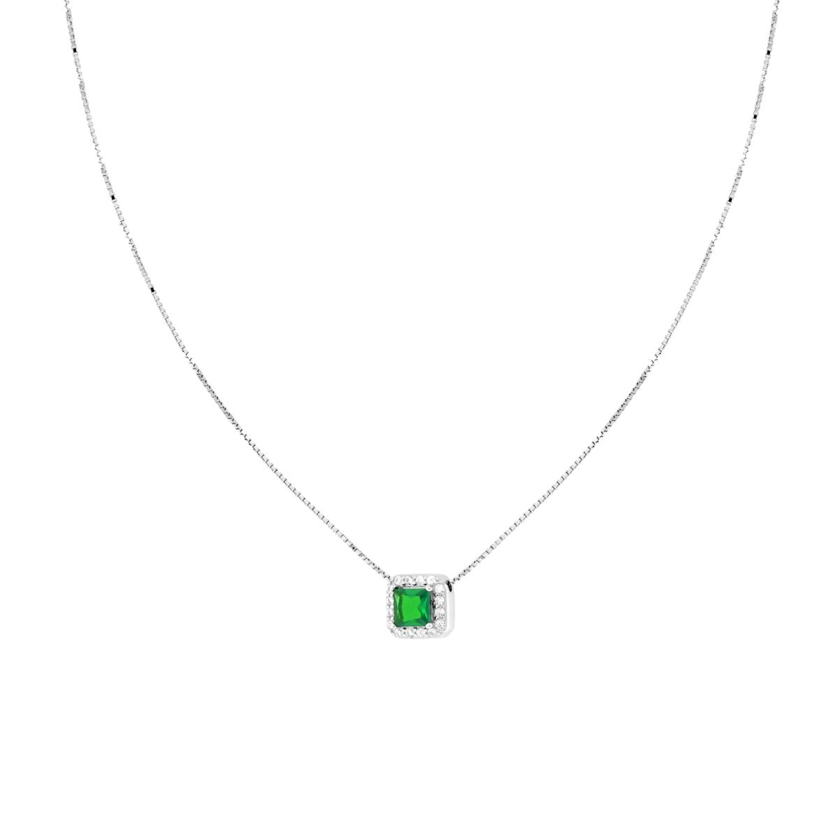 Collana Catena Veneziana Diamantata con Quadrato Carre Verde Smeraldo contornato da Cubic Zirconia Bianchi in ARGENTO 925 Galvanica Rodio<BR>
