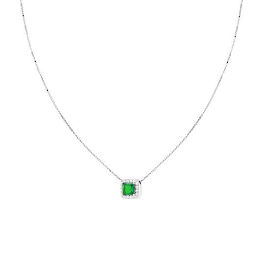 Collana Catena Veneziana Diamantata con Quadrato Carre Verde Smeraldo contornato da Cubic Zirconia Bianchi in ARGENTO 925 Galvanica Rodio<BR>