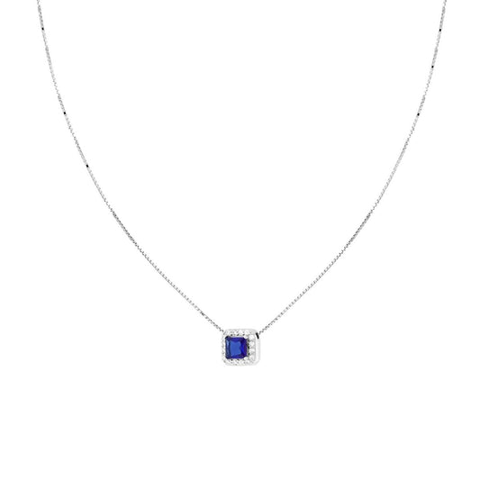 Collana Catena Veneziana Diamantata con Quadrato Carre Blu Zaffiro contornato da Cubic Zirconia Bianchi in ARGENTO 925 Galvanica Rodio<BR>