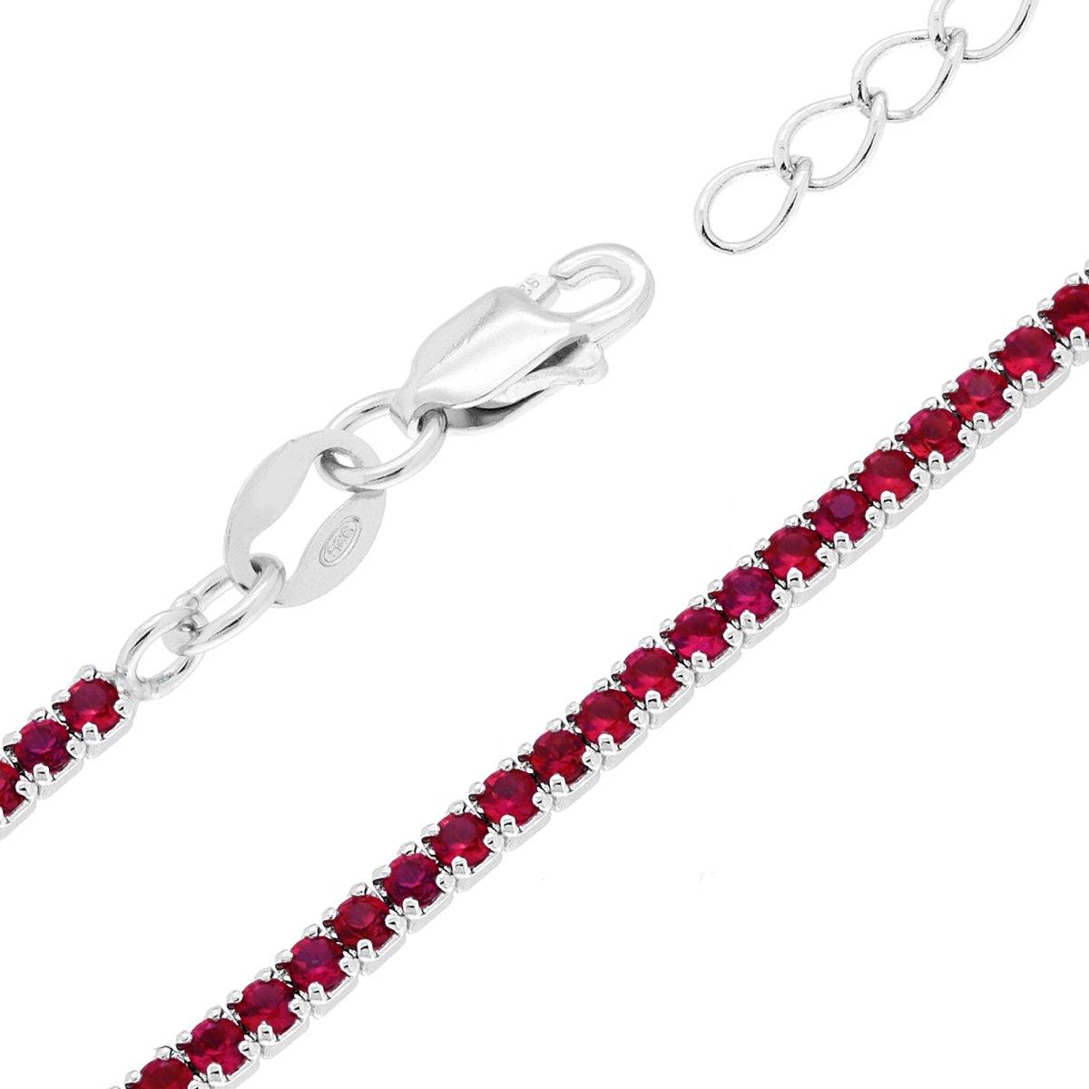 Bracciale Tennis Griffe cm 16+3 con Cubic Zirconia Rosso Rubino mm 1.7 in ARGENTO 925 Galvanica Rodio<BR>