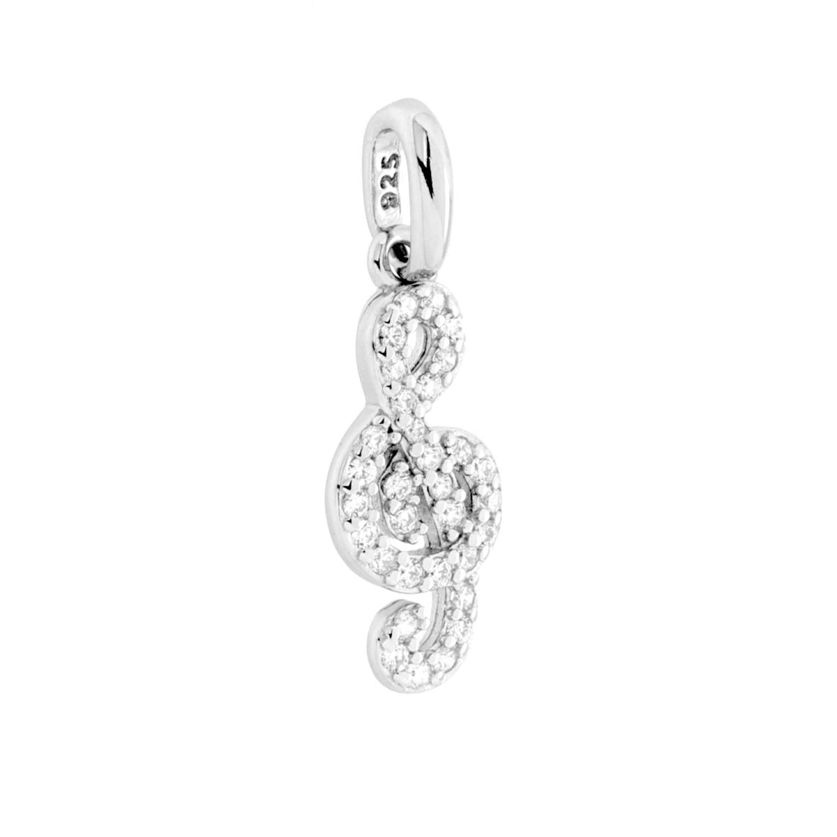 Ciondolo Chiave di Violino con Cubic Zirconia Bianchi in ARGENTO 925 Galvanica Rodio