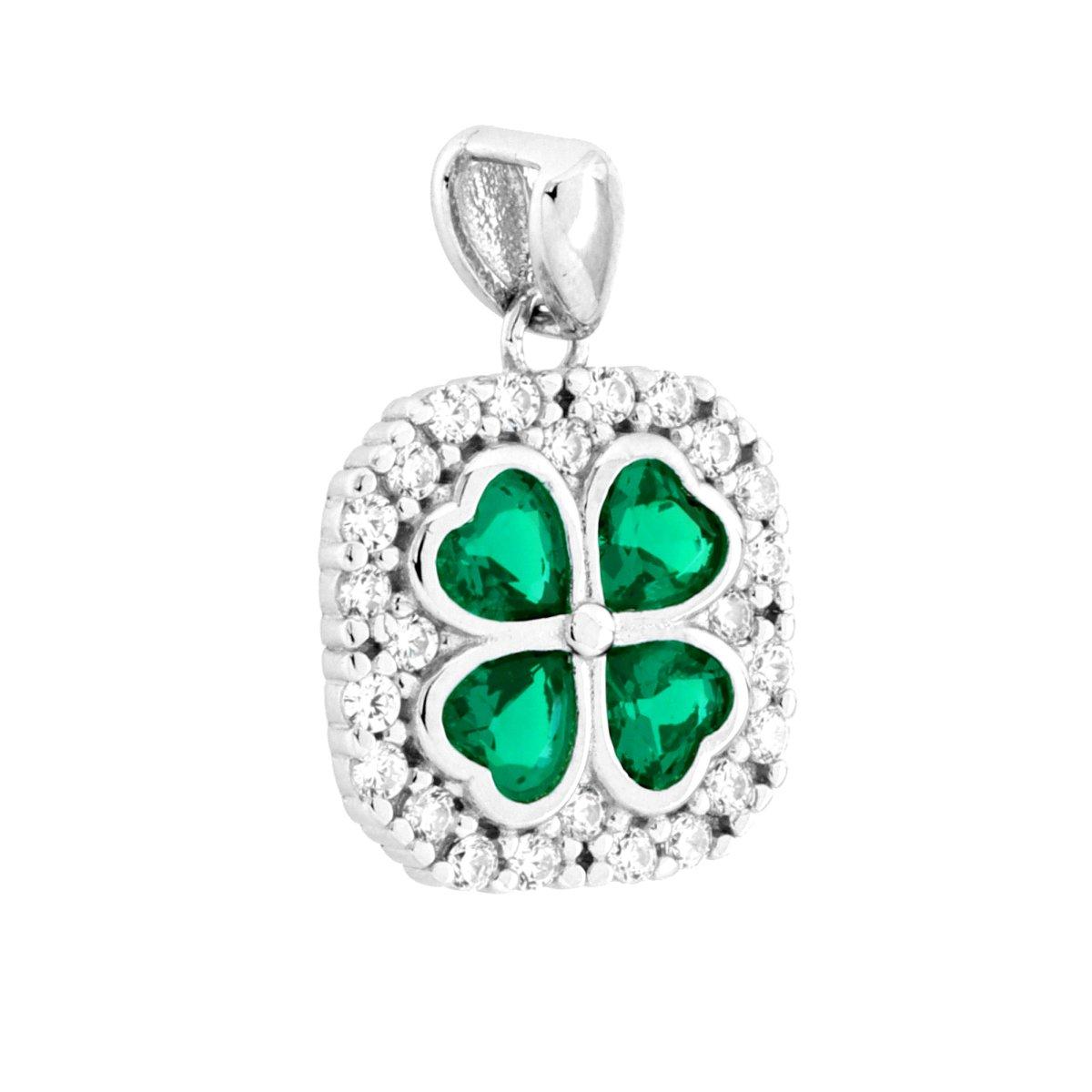 Ciondolo Ottagonale con Quadrifoglio Cuori Verde Smeraldo contornati da Cubic Zirconia Bianchi in ARGENTO 925 Galvanica Rodio<BR>