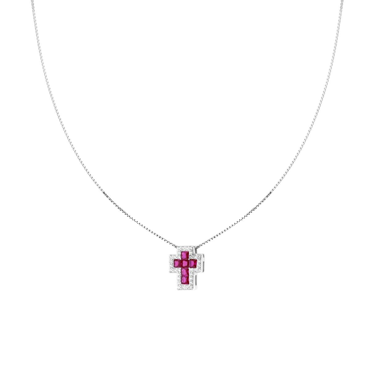 Collana Catena Veneziana Diamantata con Croce Rosso Rubino contornata da Cubic Zirconia Bianchi in ARGENTO 925 Galvanica Rodio<BR>