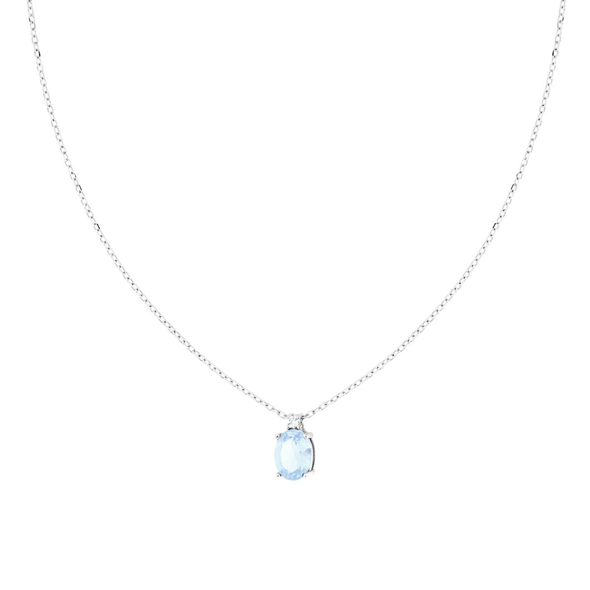 Collana Catena Forzatina Diamantata con Punto Luce Ovale Cubic Zirconia Acquamarina in ARGENTO 925 Galvanica Rodio<BR>