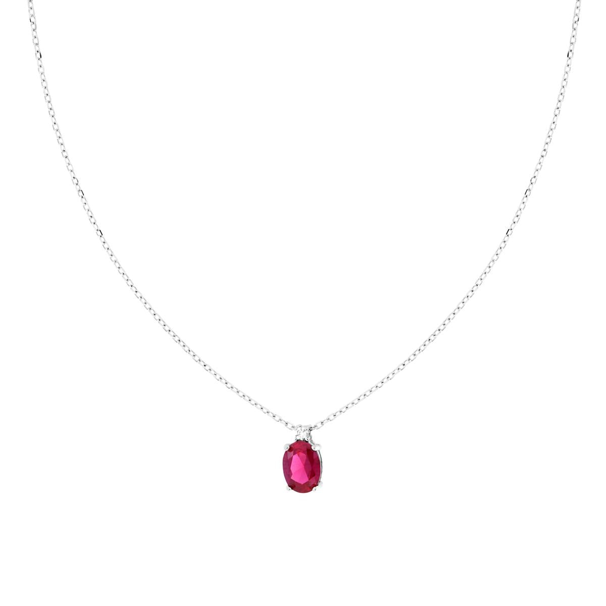 Collana Catena Forzatina Diamantata con Punto Luce Ovale Cubic Zirconia Rosso Rubino in ARGENTO 925 Galvanica Rodio<BR>