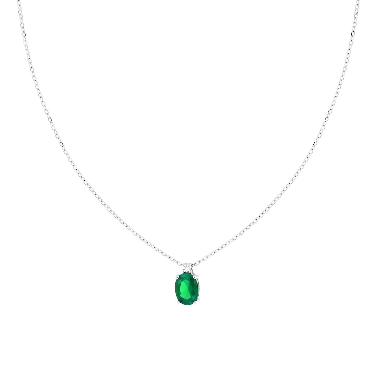 Collana Catena Forzatina Diamantata con Punto Luce Ovale Cubic Zirconia Verde Smeraldo in ARGENTO 925 Galvanica Rodio<BR>
