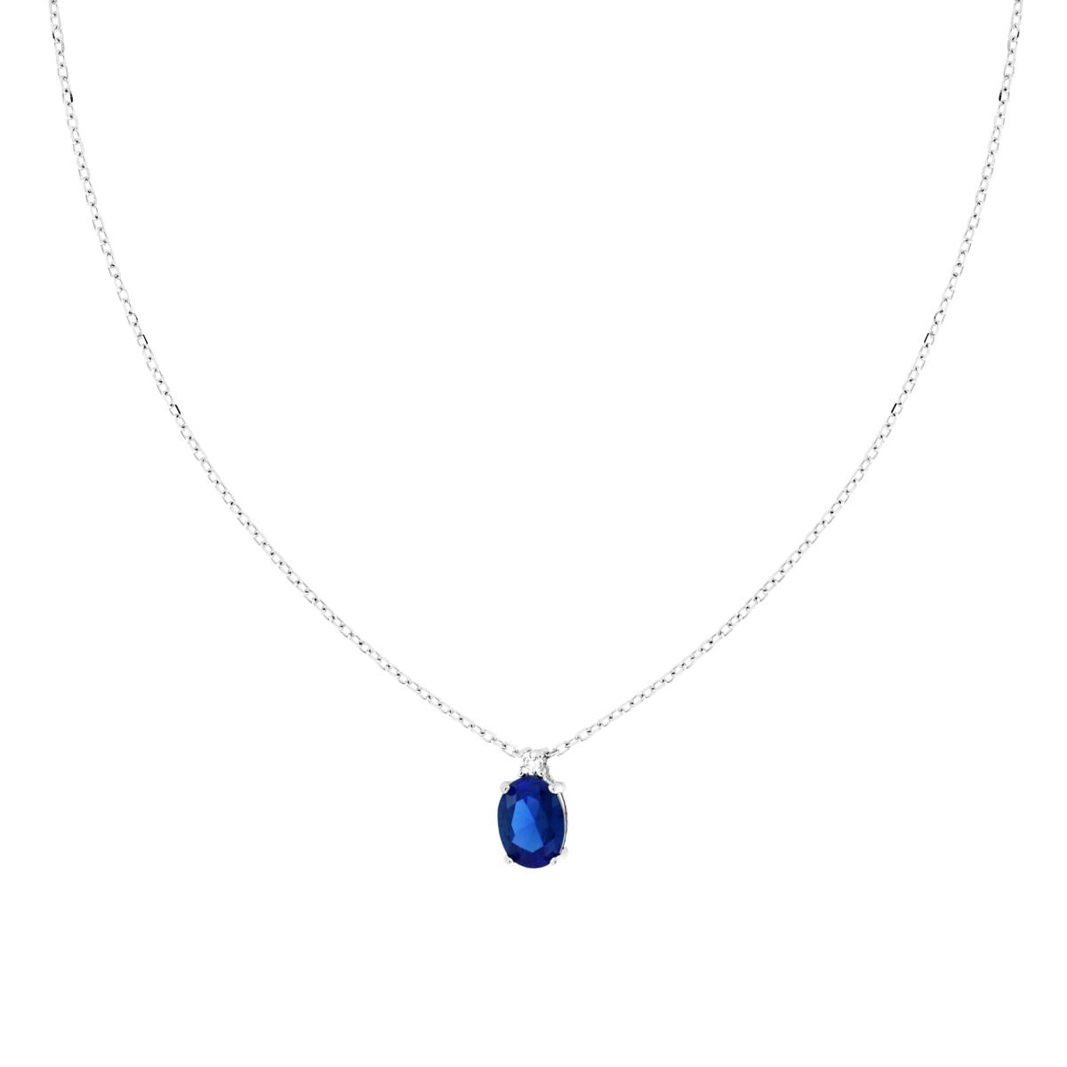 Collana Catena Forzatina Diamantata con Punto Luce Ovale Cubic Zirconia Blu Zaffiro in ARGENTO 925 Galvanica Rodio<BR>