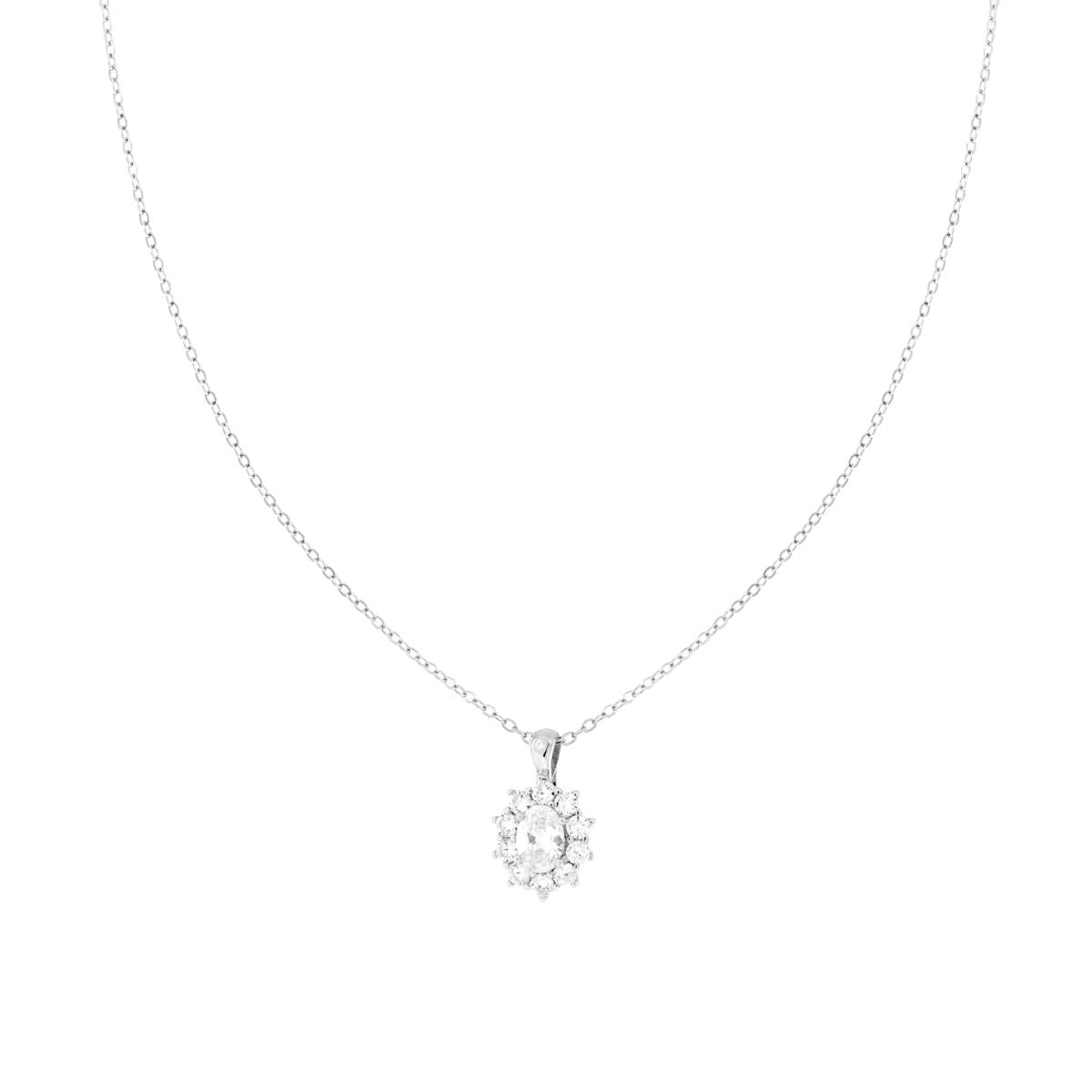 Collana Catena Forzatina Diamantata con Punto Luce Ovale Bianco contornato da Cubic Zirconia Bianchi in ARGENTO 925 Galvanica Rodio<BR>