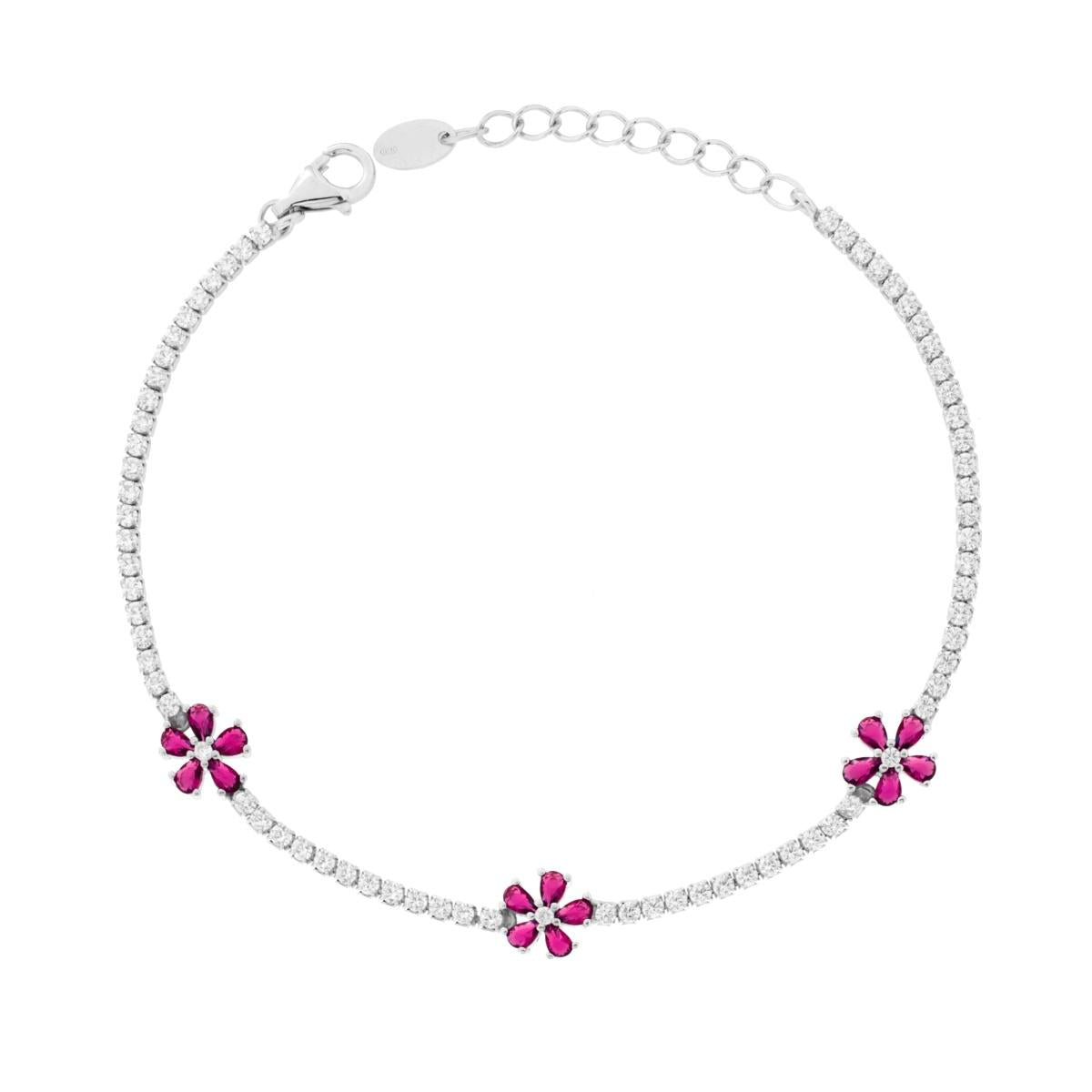 Bracciale Tennis con Fiori Rosso Rubino e Cubic Zirconia Bianchi in ARGENTO 925 Galvanica Rodio<BR>