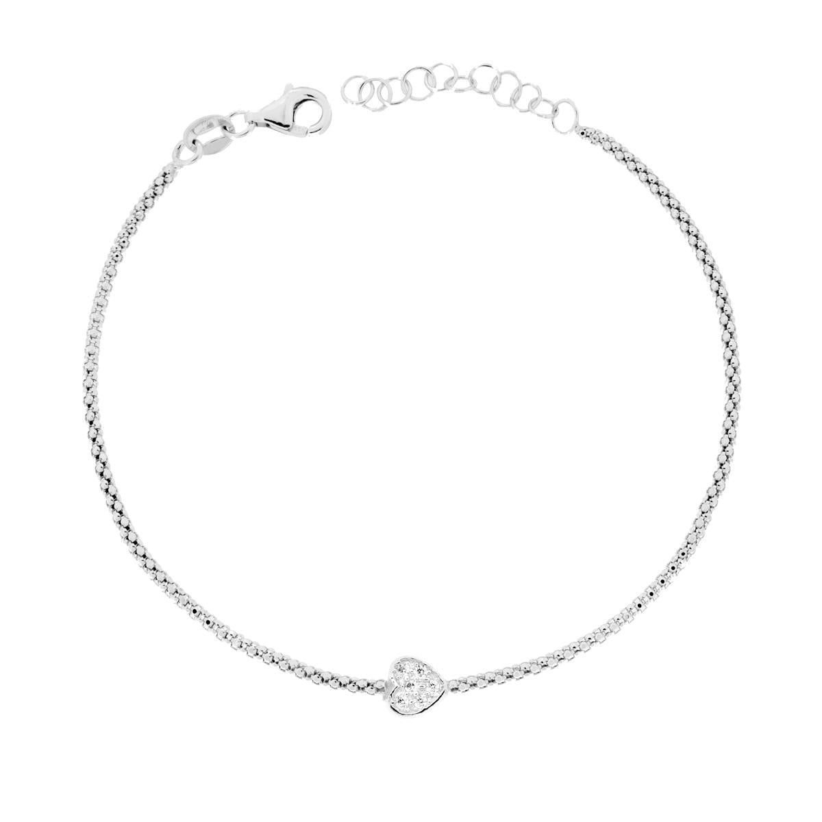 Bracciale Catena Coreana con Cuore e Cubic Zirconia Bianchi in ARGENTO 925 Galvanica Rodio