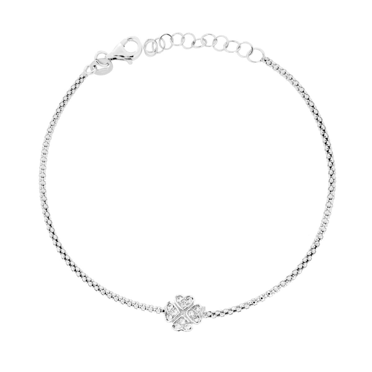 Bracciale Catena Coreana con Quadrifoglio e Cubic Zirconia Bianchi in ARGENTO 925 Galvanica Rodio