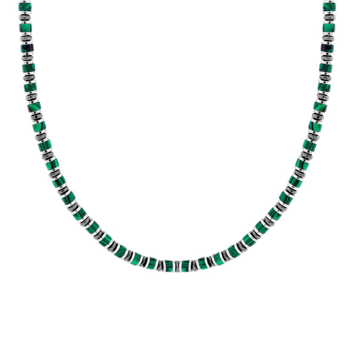 Collana Catena con Anelli e Cilindretti Pietre Verde Malachite in ACCIAIO<BR>