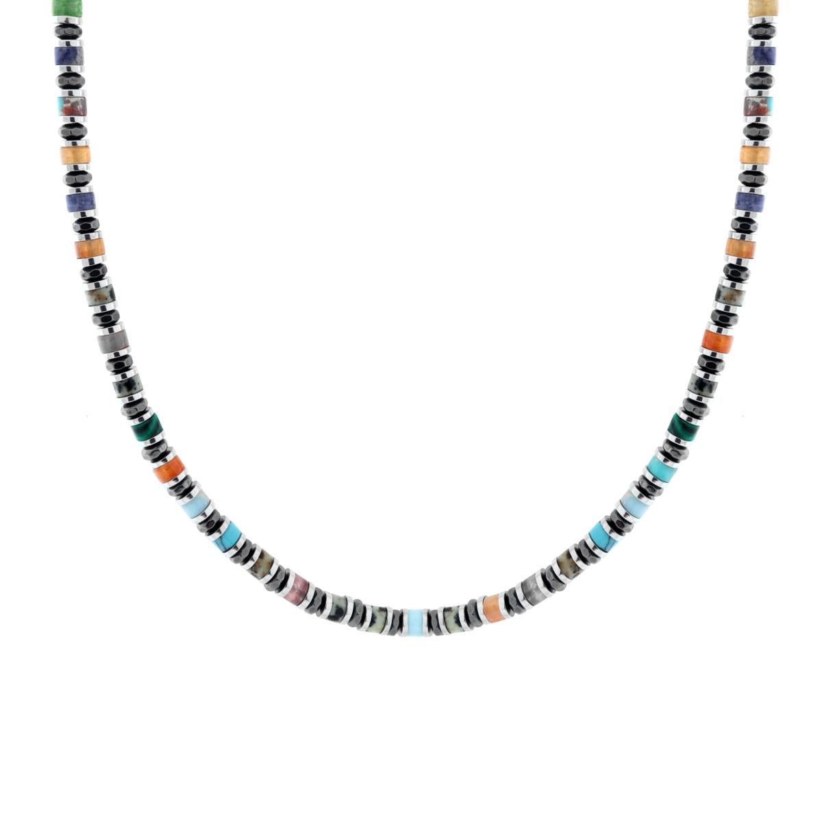 Collana Catena con Anelli e Cilindretti Pietre Multicolor in ACCIAIO<BR>