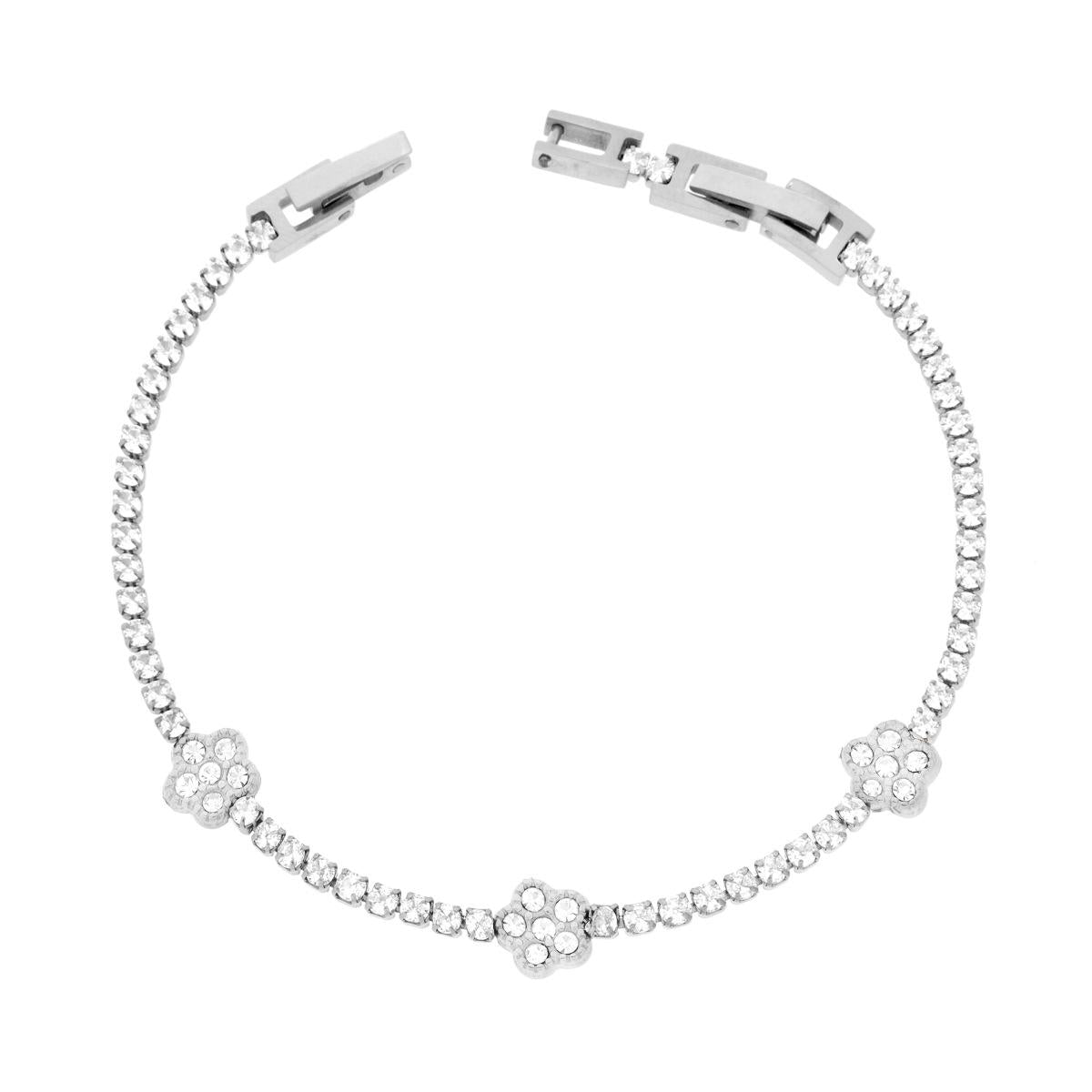 Bracciale Tennis con Fiori e Crystal Bianchi cm 17+2 in ACCIAIO