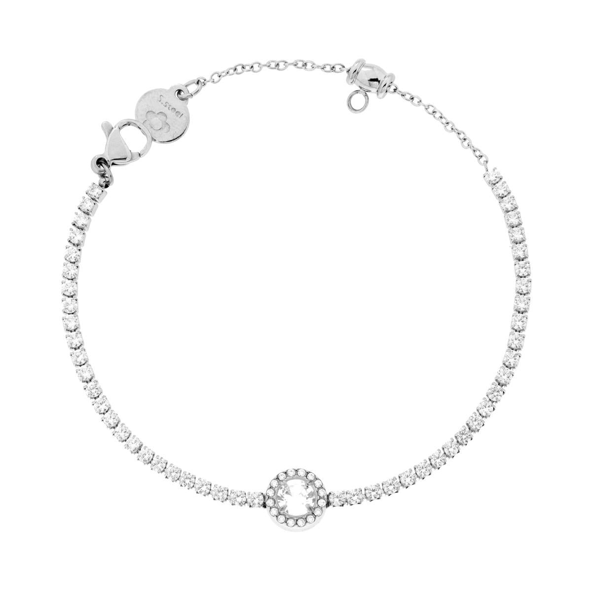 Bracciale Tennis con Tondo centrale mm 8.3 e Crystal Bianchi in ACCIAIO<BR>