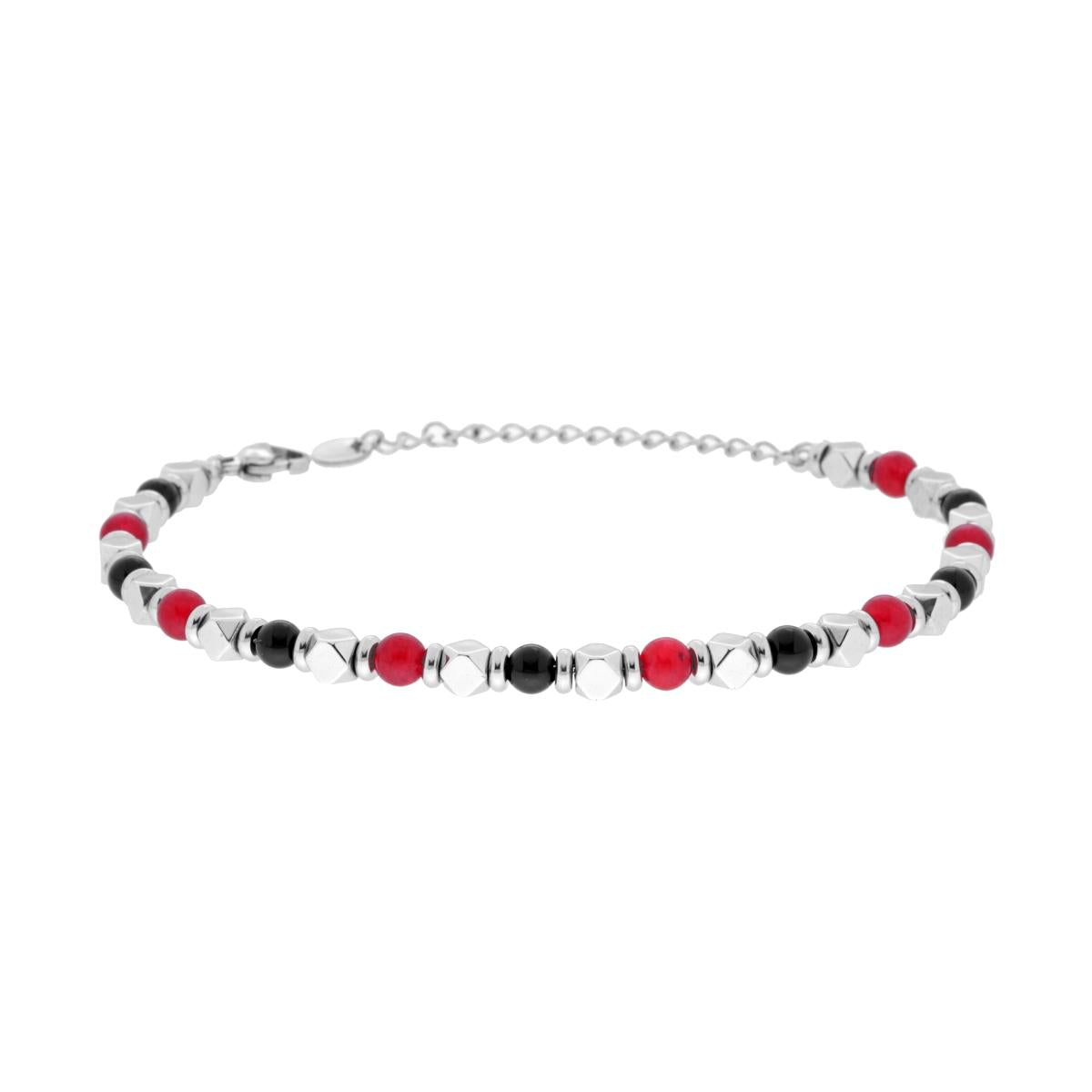 Bracciale Catena con Cubetti e Pietre Rosso Corniola e Nero Onice in ACCIAIO<BR>
