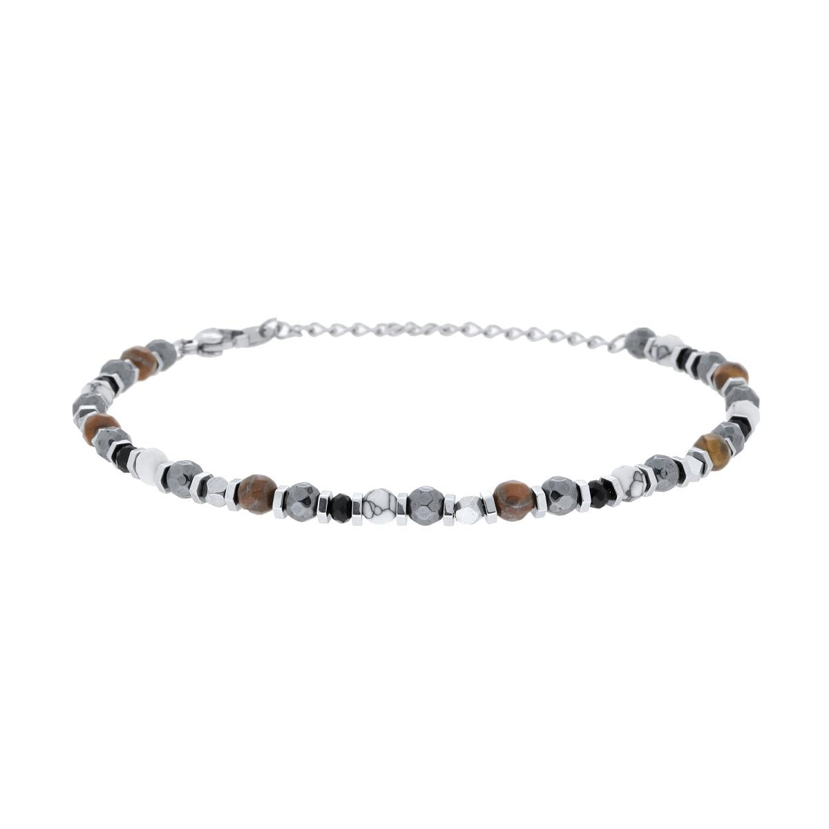 Bracciale Catena con Bulloncini alternati a Pietre Occhio di Tigre e Bianco Howlite in ACCIAIO <BR>
