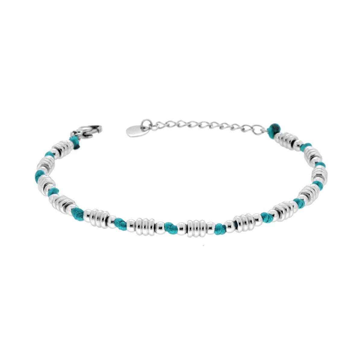 Bracciale Catena di Anelli e Palline alternate a Nodi in Cotone Turchese in ACCIAIO<BR>