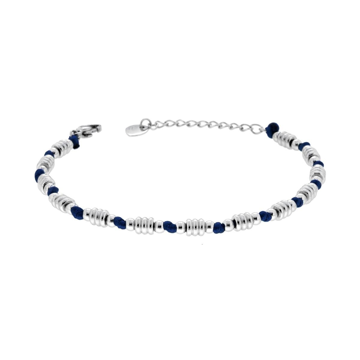 Bracciale Catena di Anelli e Palline alternate a Nodi in Cotone Blu in ACCIAIO<BR>