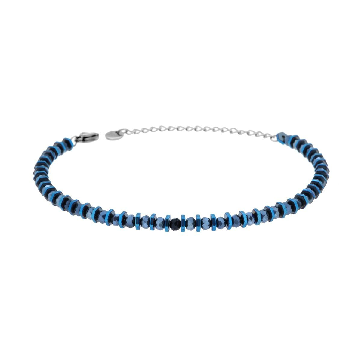 Bracciale Catena di Bulloncini e Crystal Blu in ACCIAIO <BR>