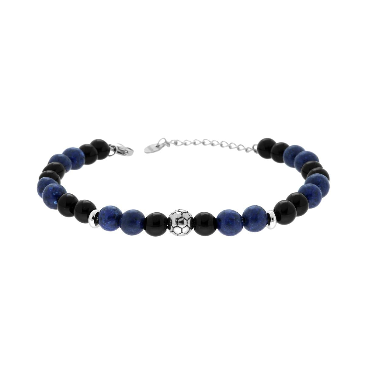 Bracciale Catena con Pietre Nero Onice e Blu Lapislazzuli con Palla da Calcio in ACCIAIO<BR>